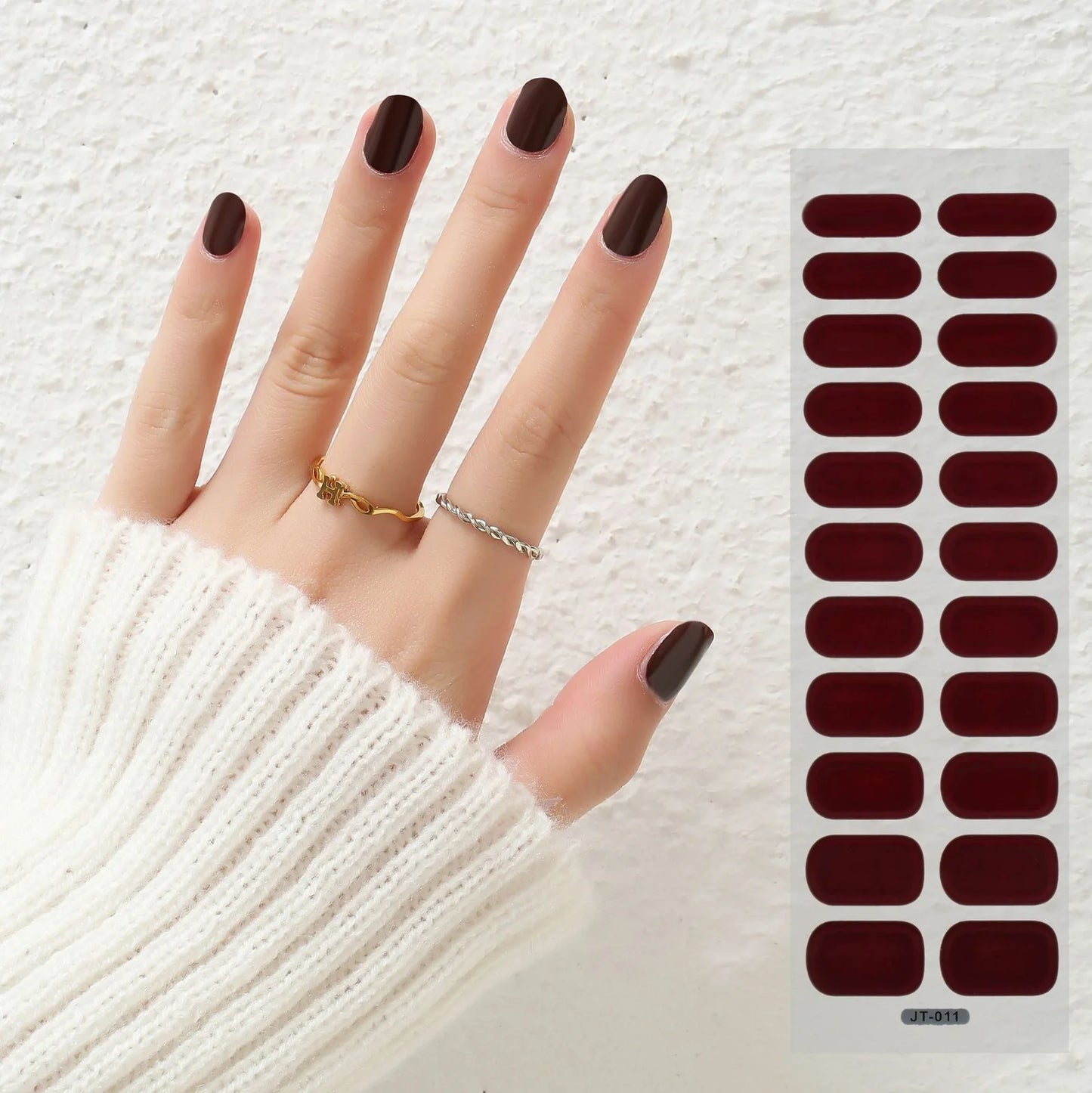 Semi-curing gel nail stickers sheet showing 22 solid colour designs including roses, tulips, and geometric patterns
