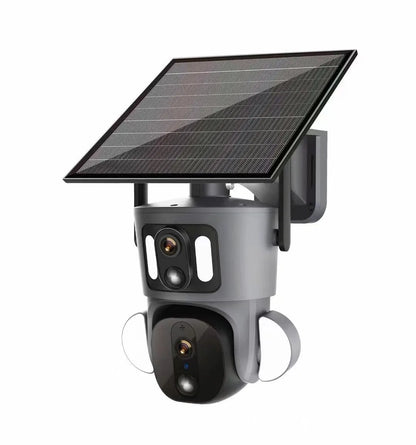 Solar-powered binocular surveillance camera with three-screen viewing capability