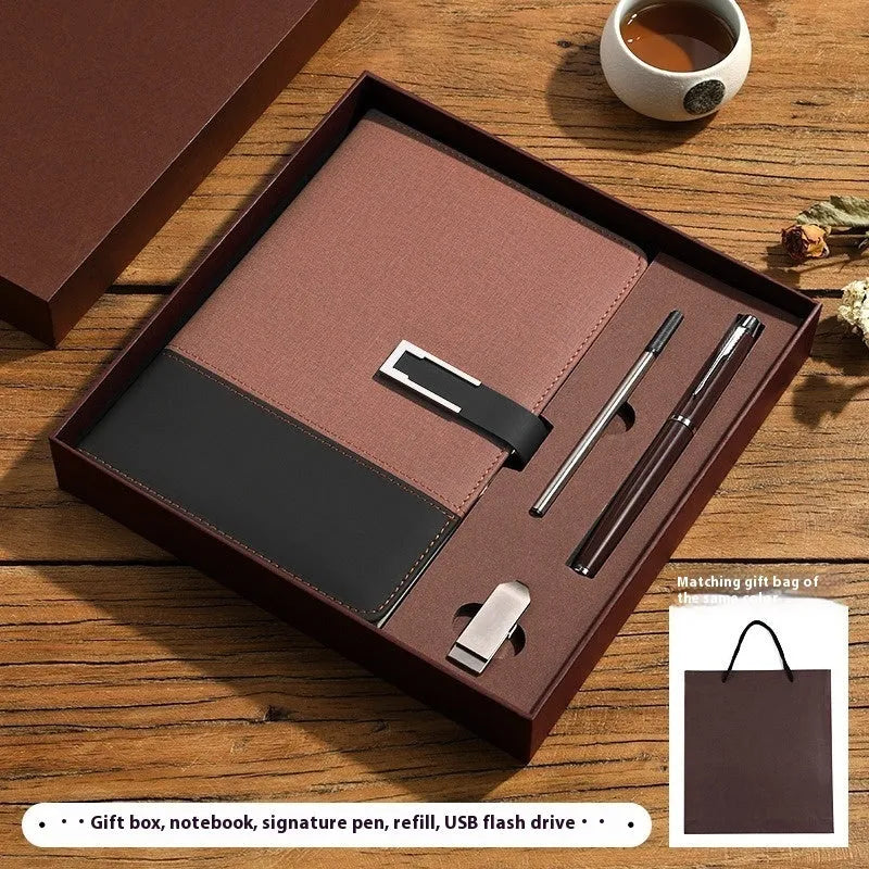 A5 soft PU leather notebook in Business Brown colour, showing thick wood-free paper inside.