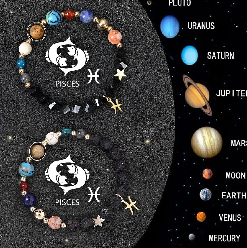 Two natural stone zodiac sign bracelets with adjustable cords showing hand-strung bead designs