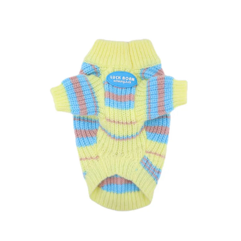 Blue and yellow striped wool-blend dog sweater for small breeds with size options