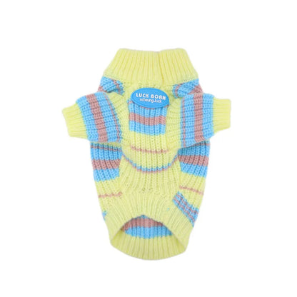 Blue and yellow striped wool-blend dog sweater for small breeds with size options