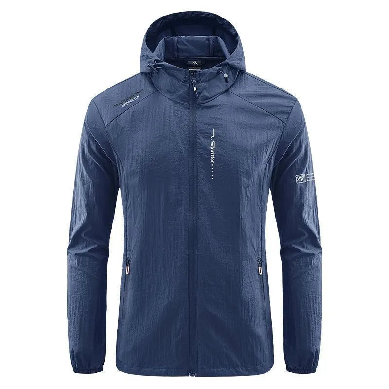 Men's lightweight nylon hooded jacket for sun protection in a loose fit, shown in dark blue.