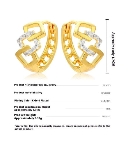 Pair of gold geometric hollow-out alloy earrings with a friction-back clip finding on a plain background.