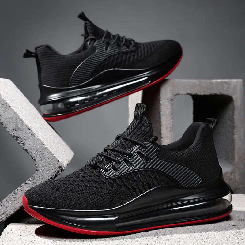 Men's solid colour mesh running shoes with rubber sole and lace-up front