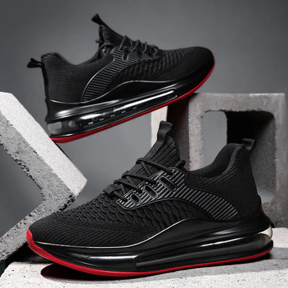 Men's solid colour mesh running shoes with rubber sole and lace-up front