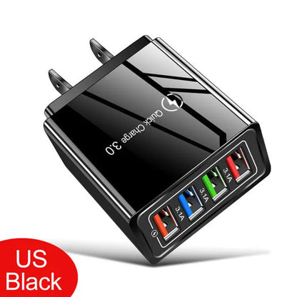 Four-port USB mobile phone charging head with luminous indicator in multiple colour options