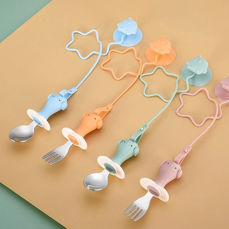 Infant stainless steel training spoon and fork set with silicone anti-drop chain and suction cup
