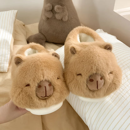 Light brown women's fleece slippers with round toe design and PVC sole