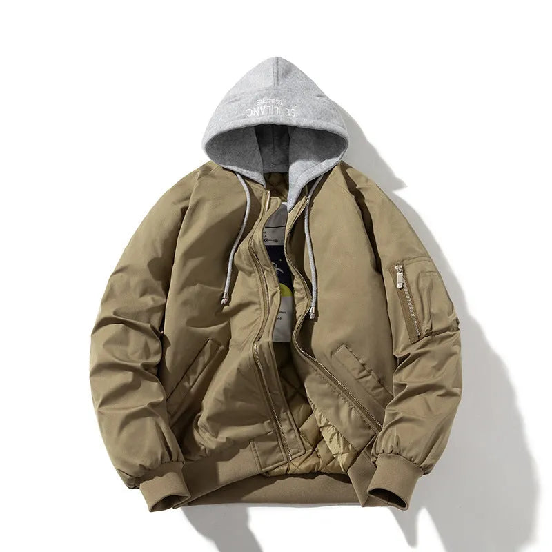 Pilot jacket men's large size loose-fitting coat for plus size in polyester chemical fibre blend with cotton lining options available in black, beige, or green colours in sizes M, L, XL, XXL, 3XL, 4XL, and 5XL for daily casual wear