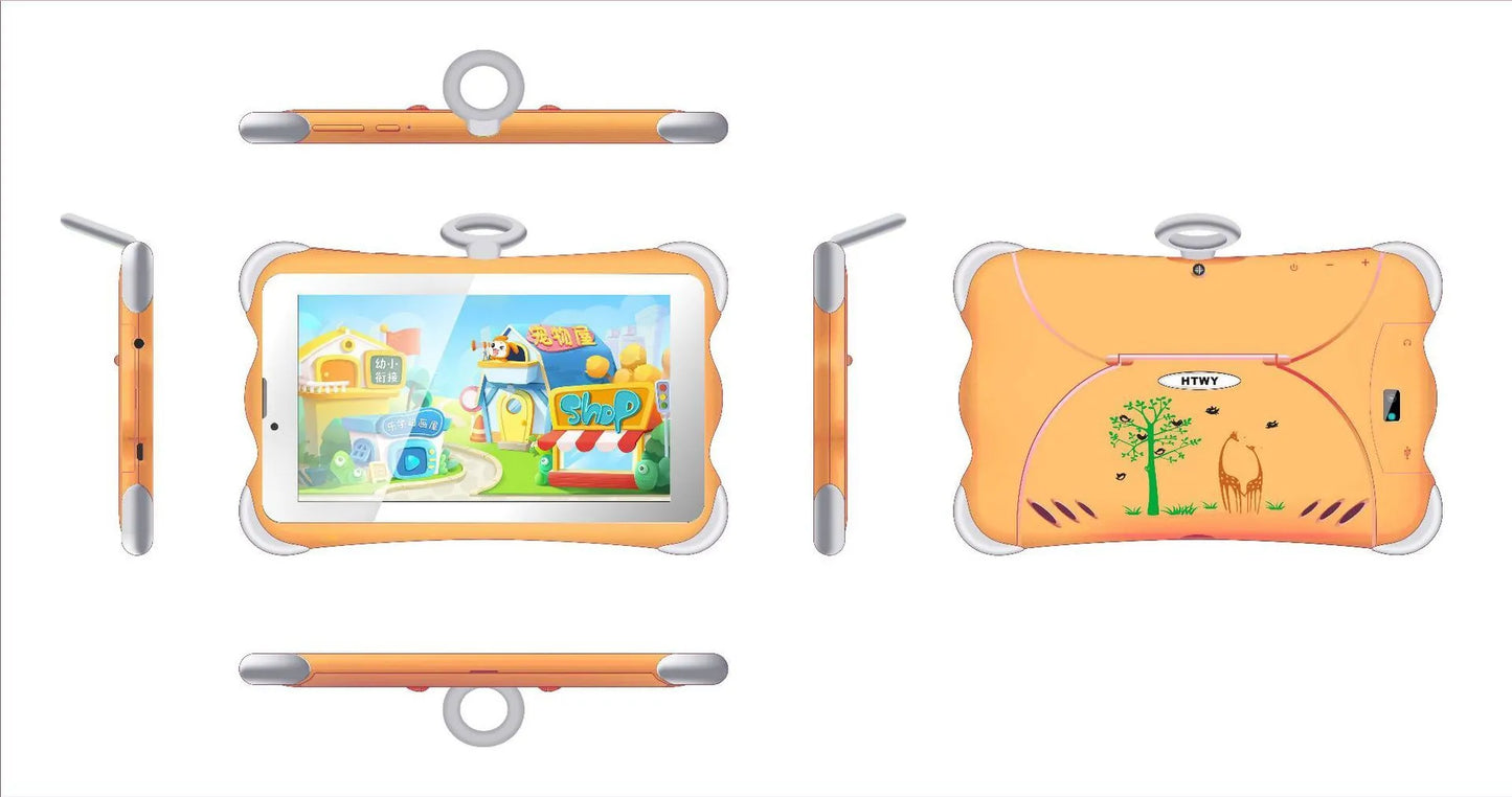 7-inch children's learning tablet in cartoon colours with built-in stand and 3G calling capability