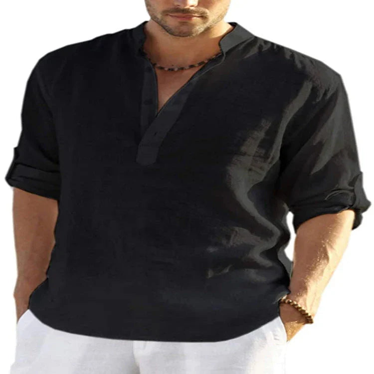Stylish men's linen shirt with stand collar in various colours and sizes