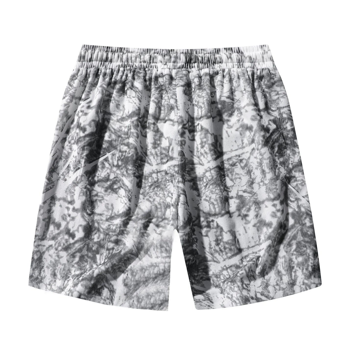 Men's corduroy camouflage athletic shorts in grey with a high-waist and straight-leg design.