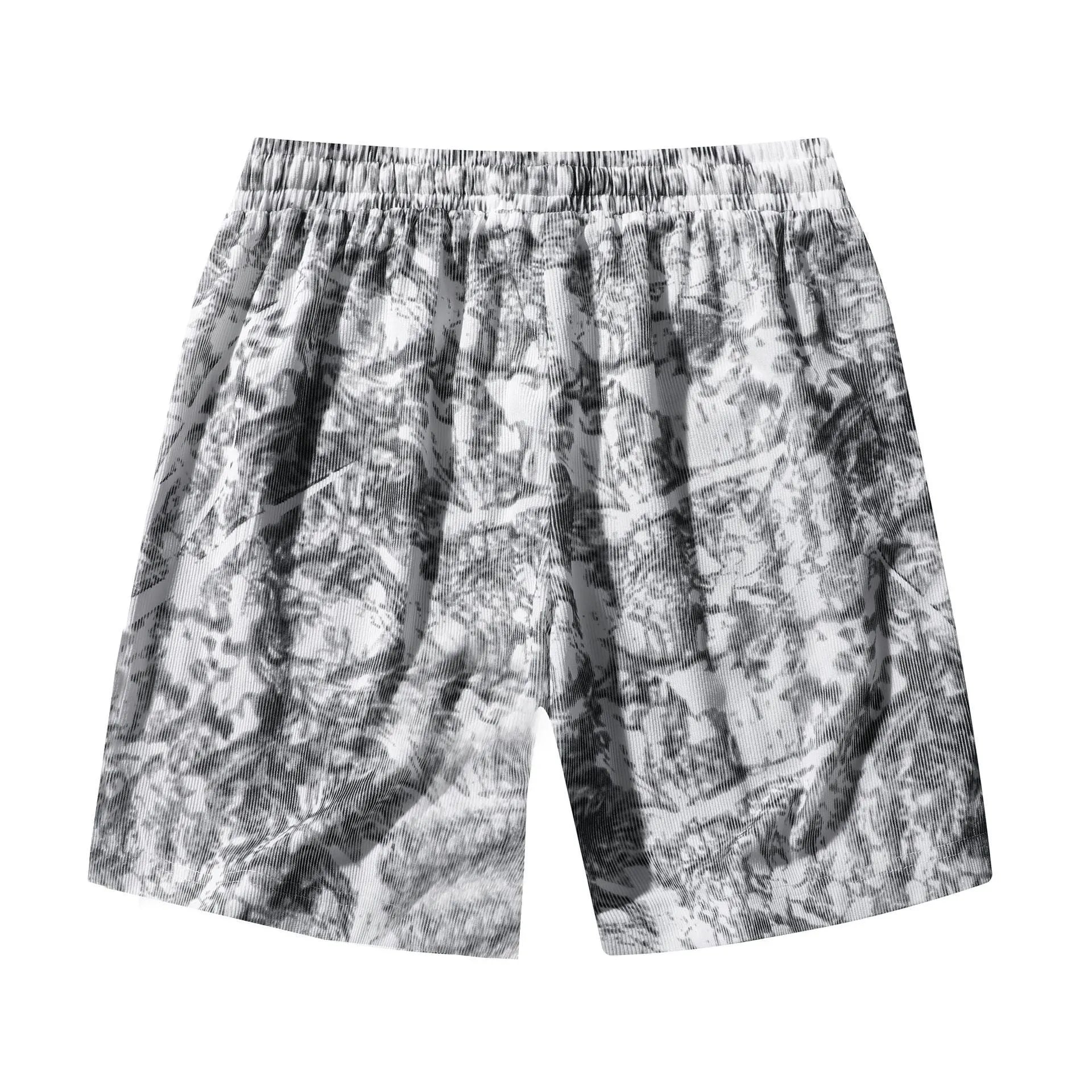 Men's corduroy camouflage athletic shorts in grey with a high-waist and straight-leg design.