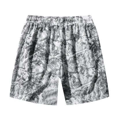 Men's corduroy camouflage athletic shorts in grey with a high-waist and straight-leg design.