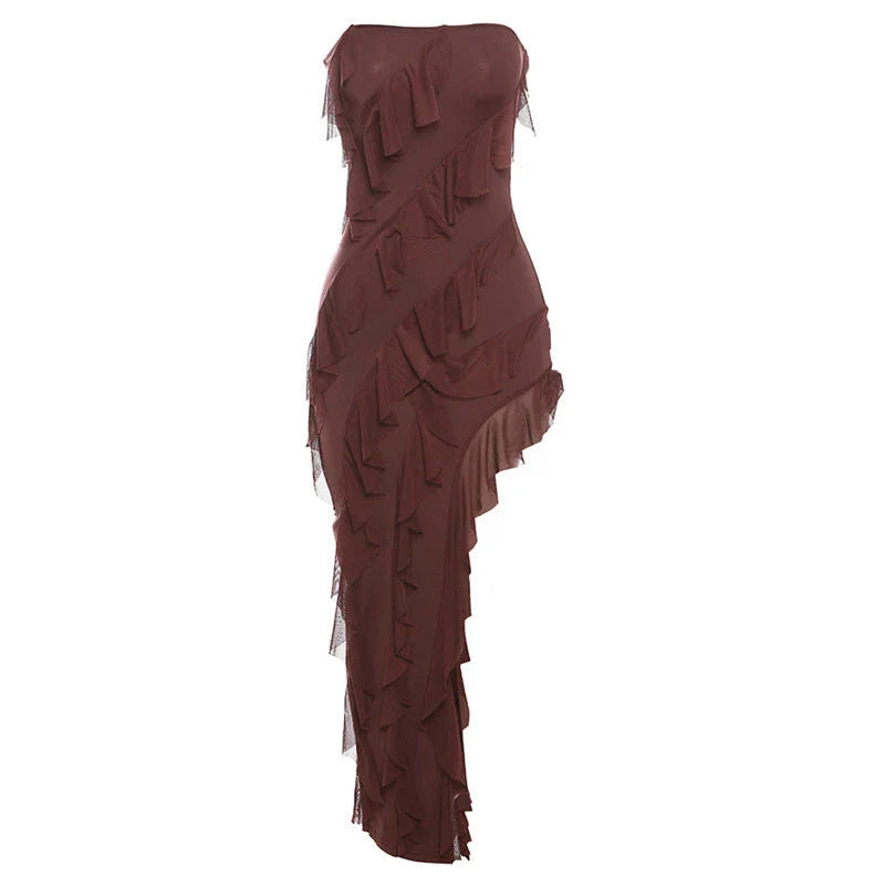 Stylish backless tube top dress with tassel accents in various colors, including black, wine red, red, and brown.