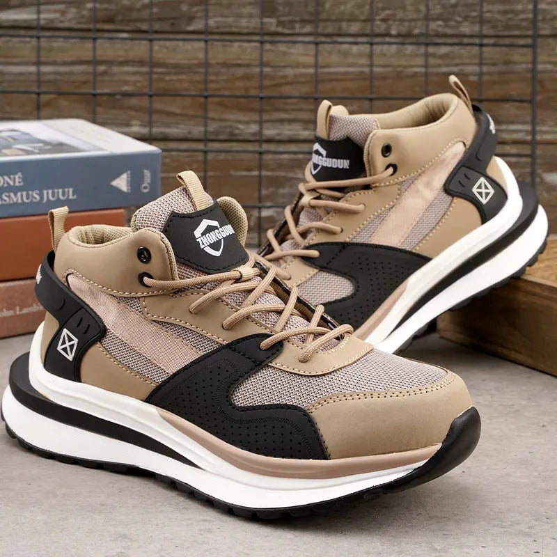 Low-top lace-up safety work shoes with a steel toe cap and anti-penetration rubber sole in black, brown, or grey.