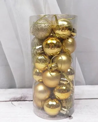3cm diameter electroplated Christmas baubles in various metallic colours including gold, red and silver