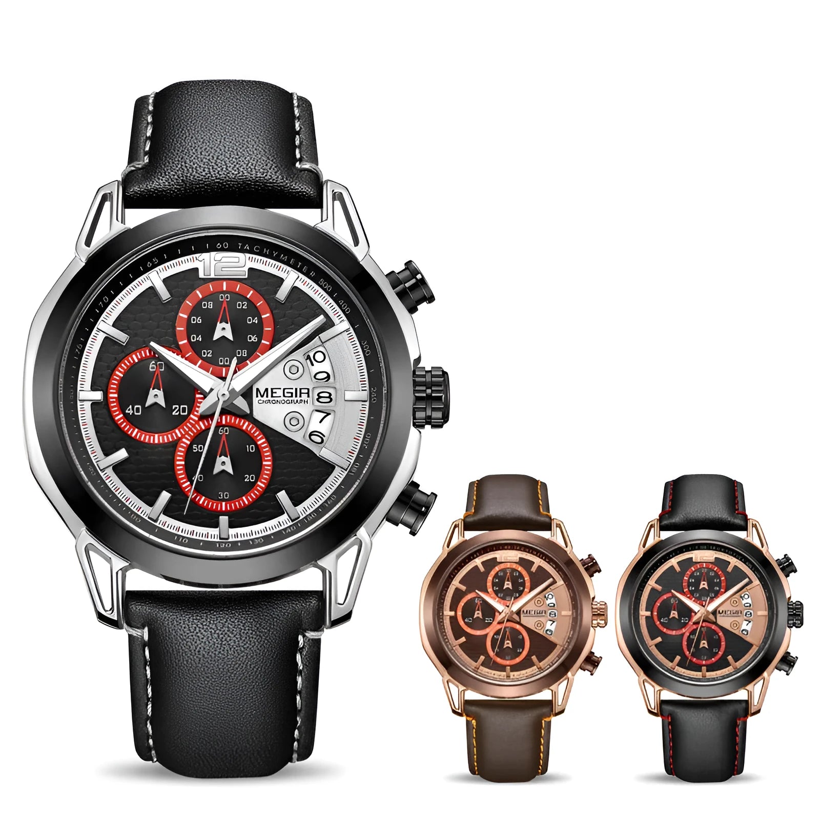 Men's black waterproof luminous quartz watch with leather strap and alloy case