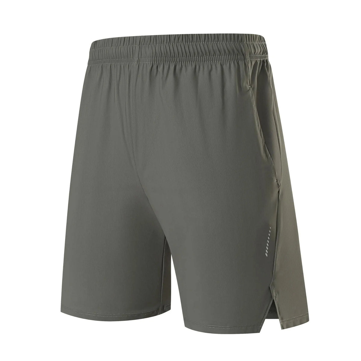 Men's black nylon sports shorts with mid-waist, shown flat.