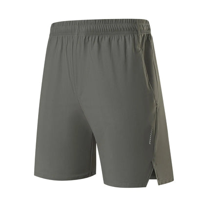 Men's black nylon sports shorts with mid-waist, shown flat.