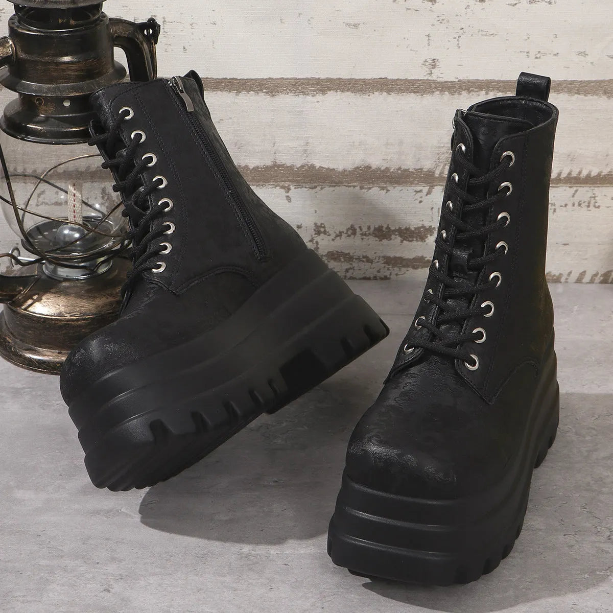Women's white retro patchwork Martin boots with chunky heel and side zipper.