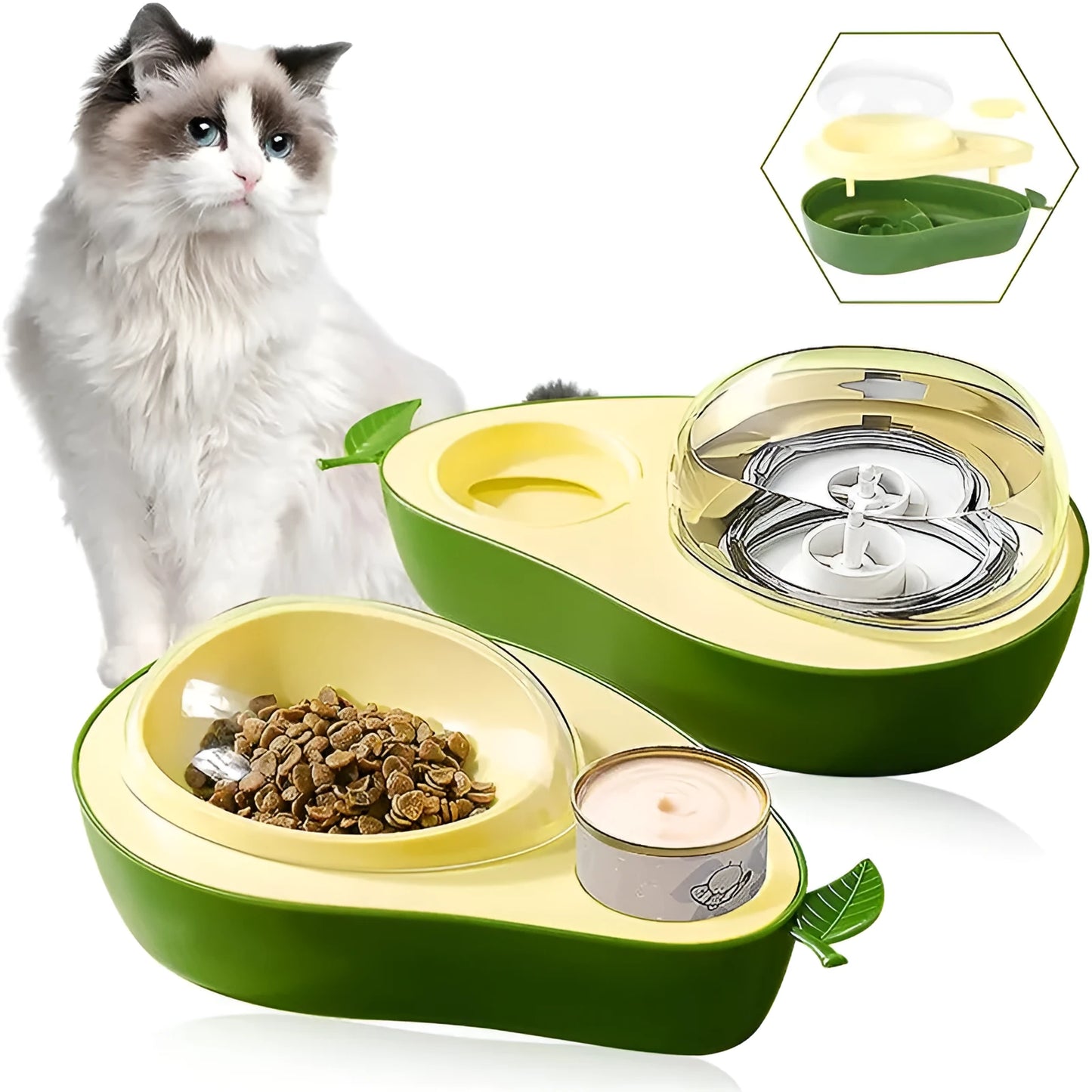 Avocado shaped automatic pet water dispenser and food bowl for cats with slow feeder option