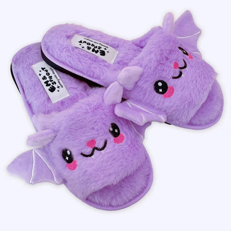 Bat wing design slippers in grey, pink, and purple with super soft velvet upper