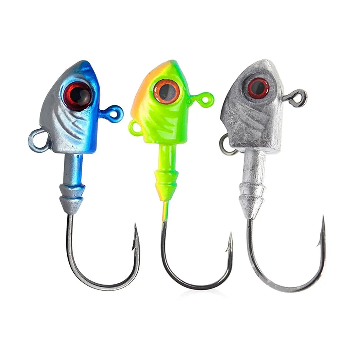 Yayu shaped lead head fishing hooks in blue, silver, and yellow with weight options from 3.5g to 28g