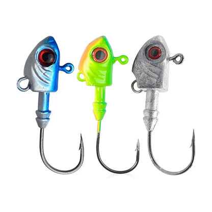 Yayu shaped lead head fishing hooks in blue, silver, and yellow with weight options from 3.5g to 28g