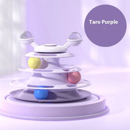 Four-level cat toy turntable tower with roller balls and 360-degree top ball in PP