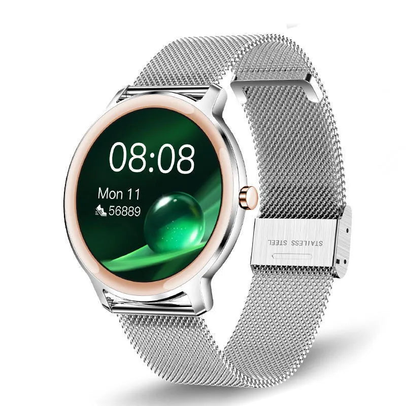 Women's rose gold smart watch with stainless steel mesh band on wrist, showing time on 1.3 inch screen