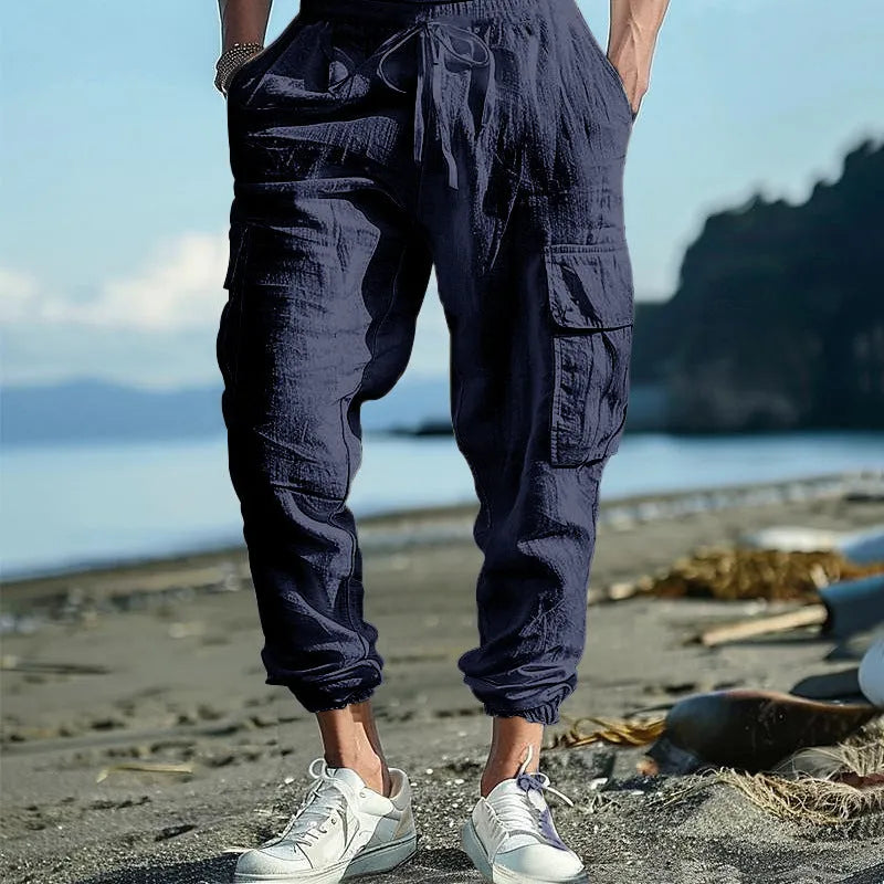 Men's linen casual trousers with adjustable ankle ties and four pockets in khaki colour