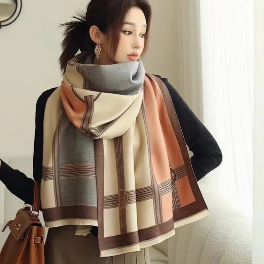 Stylish Korean contrast colour artificial cashmere scarf for women, perfect for winter warmth and fashion.