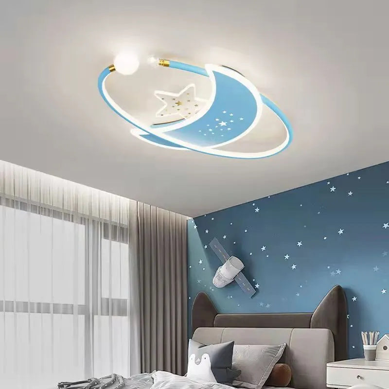 Children's bedroom ceiling lamp with moon star cloud design and adjustable LED lighting in blue colour option