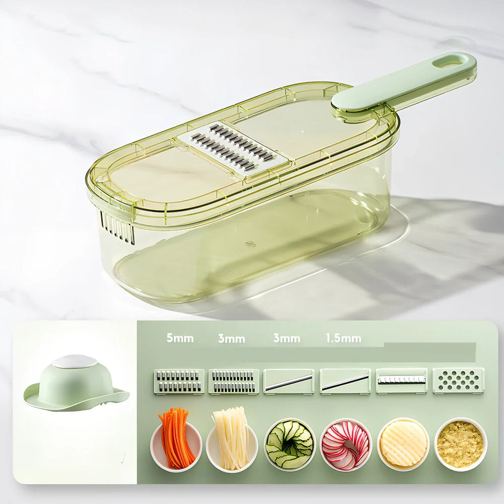 Shredded vegetable slicer with stainless steel blades on green cutting board