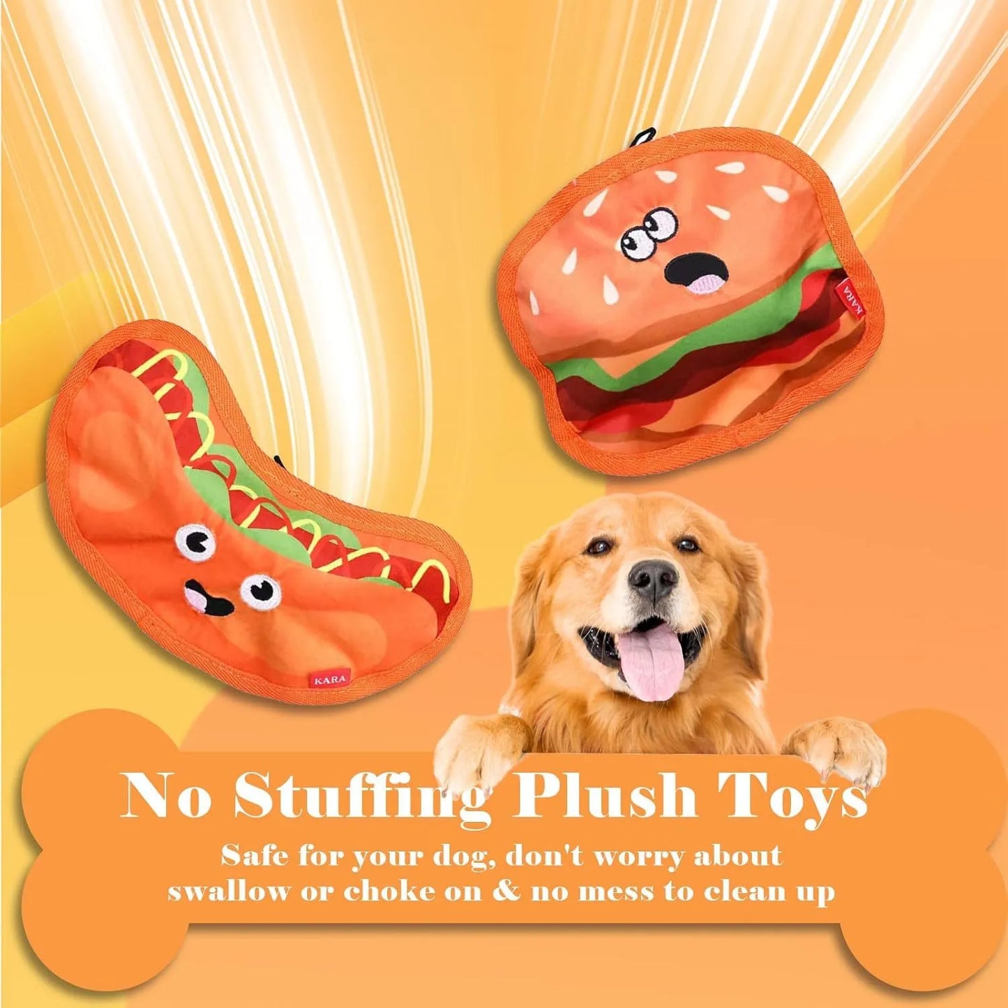 Hamburger-shaped crinkle and squeaky dog toy with vivid colours for puppies and dogs
