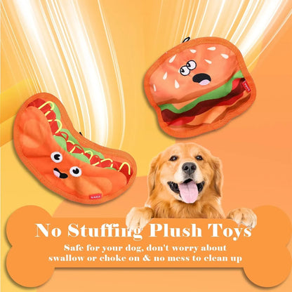 Hamburger-shaped crinkle and squeaky dog toy with vivid colours for puppies and dogs