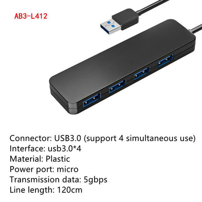 Black USB 3.0 hub with four ports, 30cm cable, and LED connection indicators