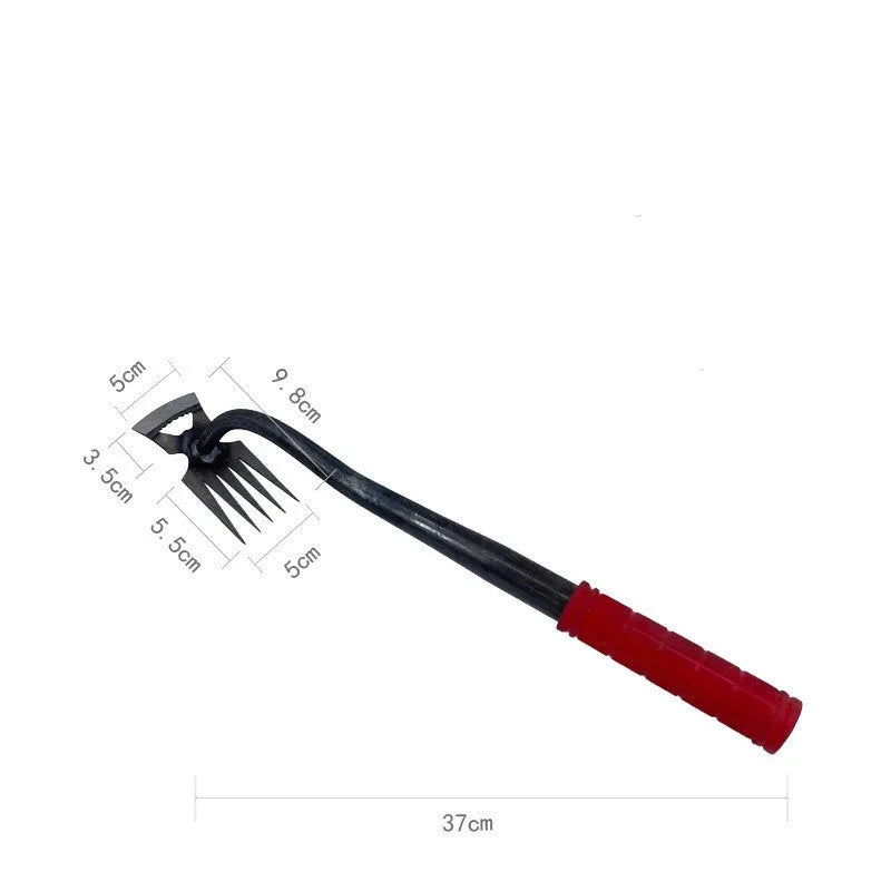 Alloy steel dual-purpose garden hoe and rake tool with multiple tooth configurations for digging and soil preparation