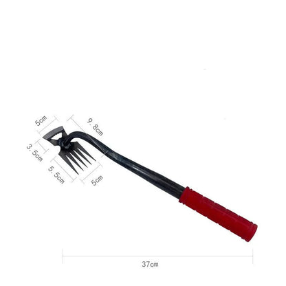 Alloy steel dual-purpose garden hoe and rake tool with multiple tooth configurations for digging and soil preparation