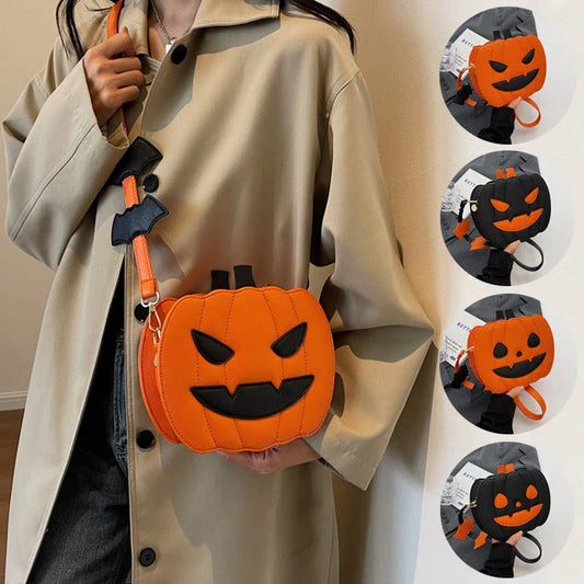 Pumpkin cartoon shoulder bag with adjustable strap and roomy interior, available in various Halloween-inspired colors