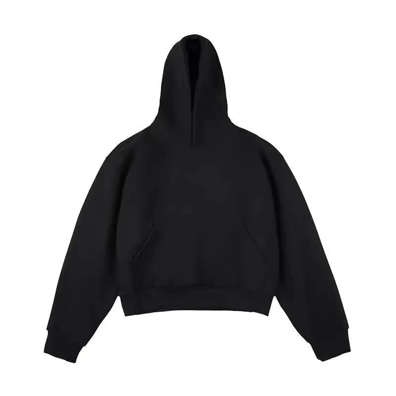 Short Chinese cotton composite hooded sweater with removable hood in dark grey.