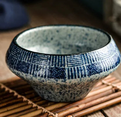 Ceramic tall bowl with Edo pattern, 15cm height, microwave-safe porcelain for soups and noodles