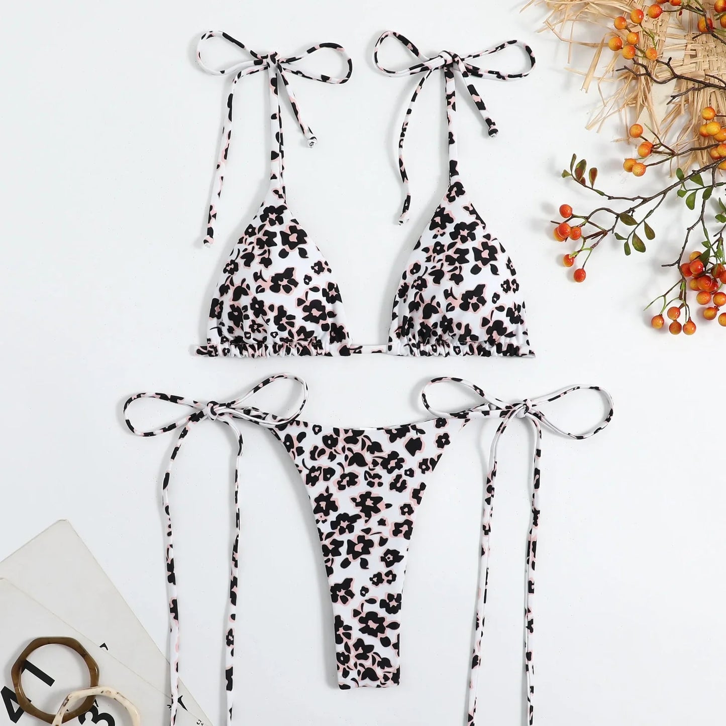 Yellow floral split bikini set for women, high elastic backless design in S-M-L sizes with polyester lining