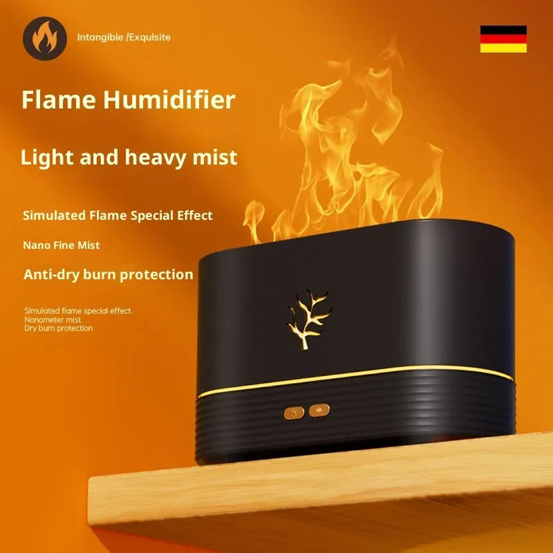 Square plastic 3D simulation flame aroma diffuser, USB powered, 5W, white or black, with ambience light and timer