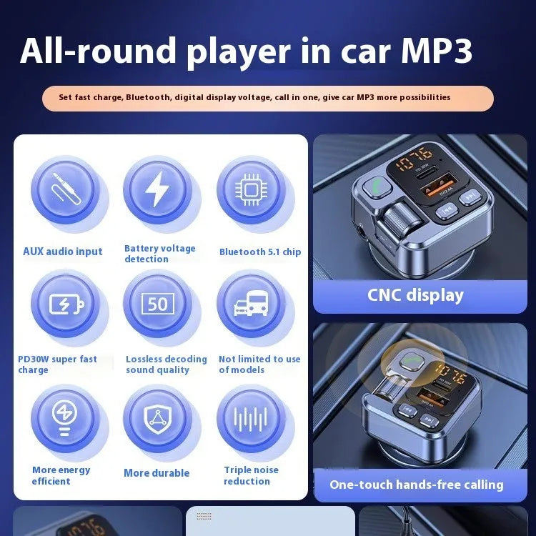 Car MP3 Player Bluetooth Receiver with Fast Charging USB Ports - Bluetooth 5.1 FM Transmitter & 30W USB-C PD Charger for 12V-24V Vehicles, LED Display with 87.5-108MHz Frequency Range