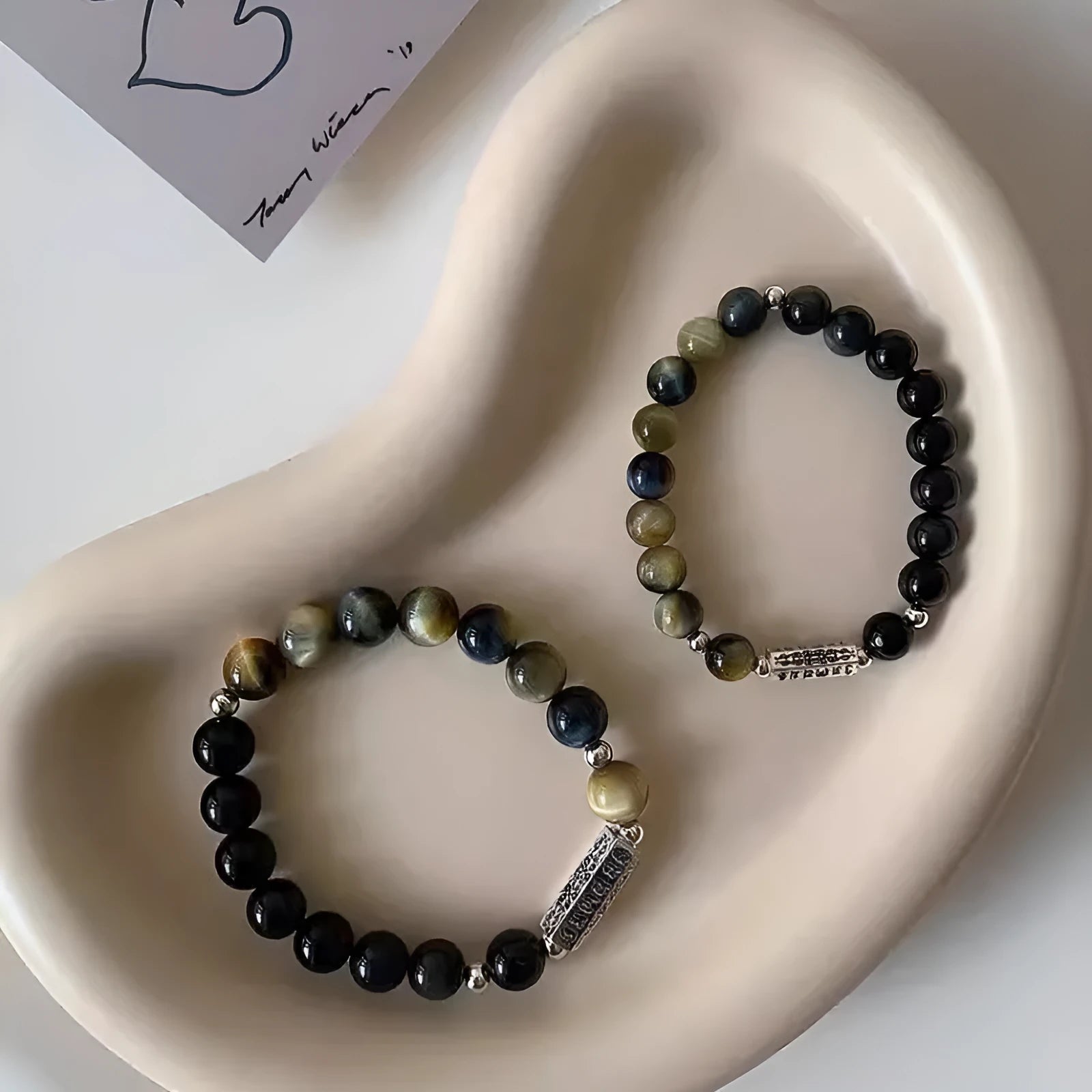 Tigereye Obsidian S925 sterling silver bracelet with Six Words Mantra couple design and round obsidian beads