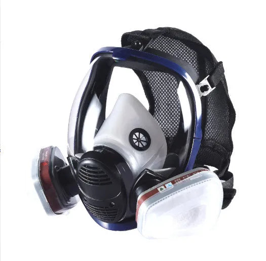 Blue edge spherical full face gas mask with trapezoidal canister and activated carbon filtration system