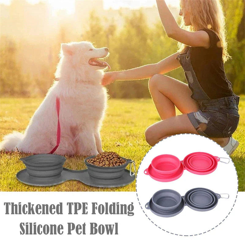 Spill-Proof Collapsible Pet Bowls for Dogs and Cats - Double-bowl Design with Non-Skid Silicone Mat